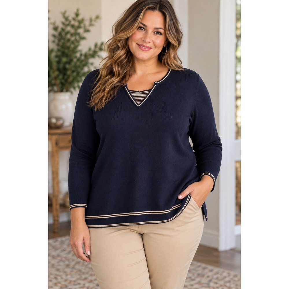 C.J. Banks Sweater Women's 1X 16-18W Navy Ramie Cotton V Neck Striped Trim NWT